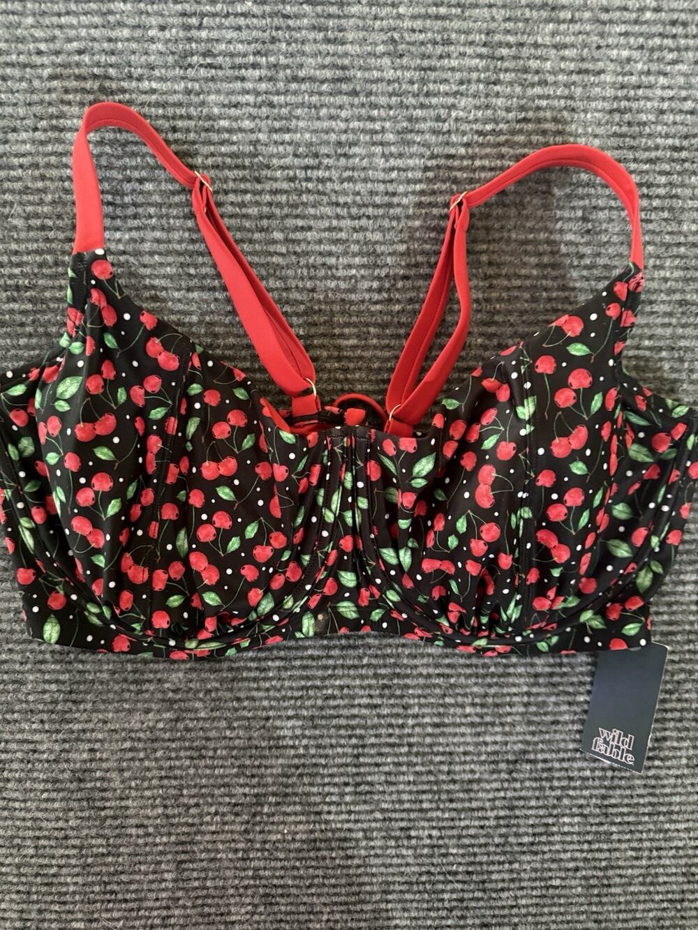 Wild Fable Cherry Print Underwire Bikini Top Size 22 Black Red Polka Dot NWT